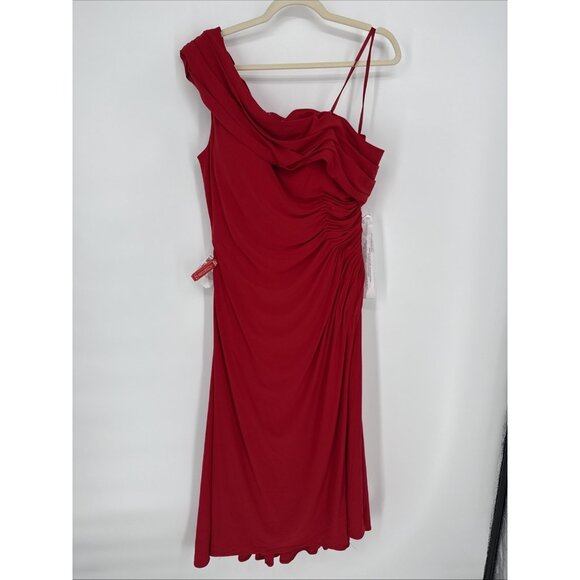 Mac Duggal Size 12 Red 26484 Ruched One-Shoulder Jersey Midi Cocktail Dress - Picture 6 of 13